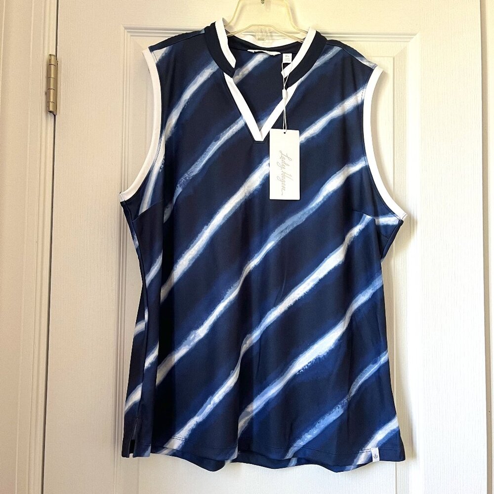 New Women's Lady Hagen Printed Stripe SLVS Polo UPF 50+ Navy Size XL